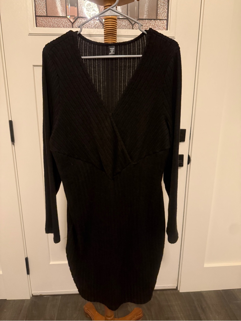 Women’s 2XL- Dark Grey Ribbed V-Neck Long Sleeve Knit Dress